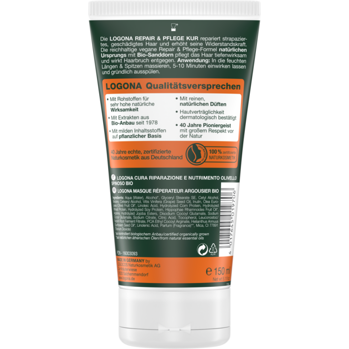 Masque capillaire réparateur BIO à l'argousier -  150ml Logona