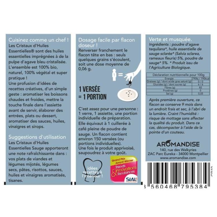 Cristaux d'huiles essentielles BIO à cuisiner, Sauge - 10g - Aromandise