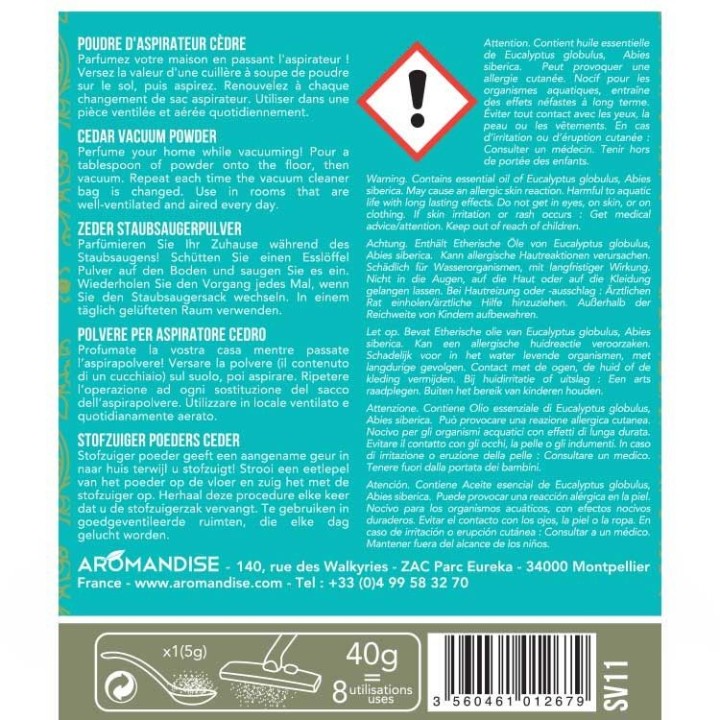 Polvere d'aspirapolvere naturale al 100%, Cedro - Aromandise