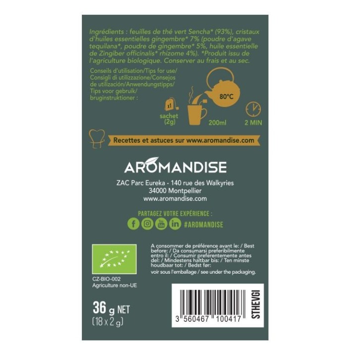 Thé vert Sencha et Gingembre en sachet - 18 sachets - Aromandise