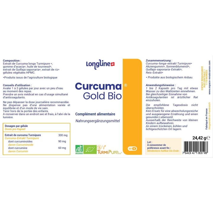 Bio-Kurkuma Gold - Bio optimiert für eine sehr hohe Assimilation - 60 Kapseln - Longline