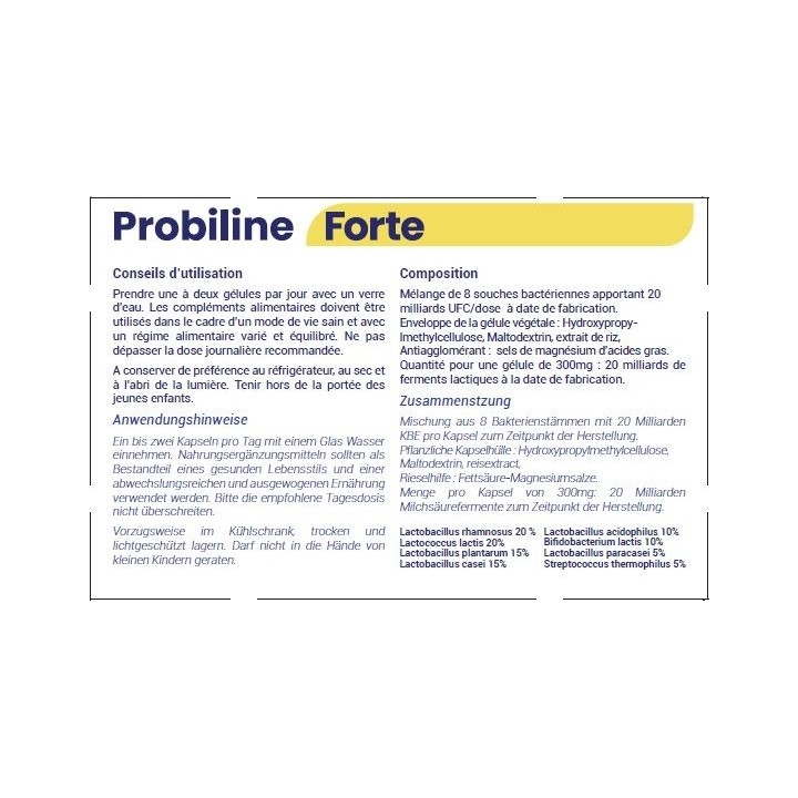 Probiline Forte, Probiotiques 8 souches/20 milliards de CFU par gélule - 30 gélules - Longline