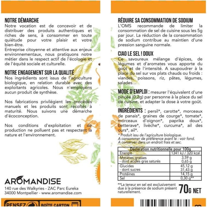 Addio sale!  Sostituto del sale, Dolce - 70g - Aromandise