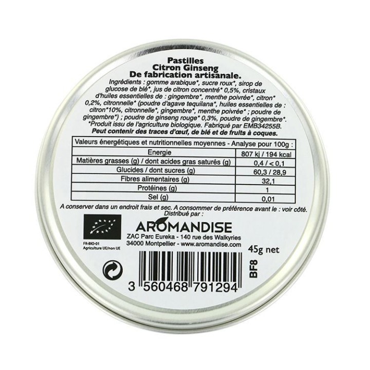 Pastilles artisanales du Languedoc, au Citron et Ginseng - 45g - Aromandise