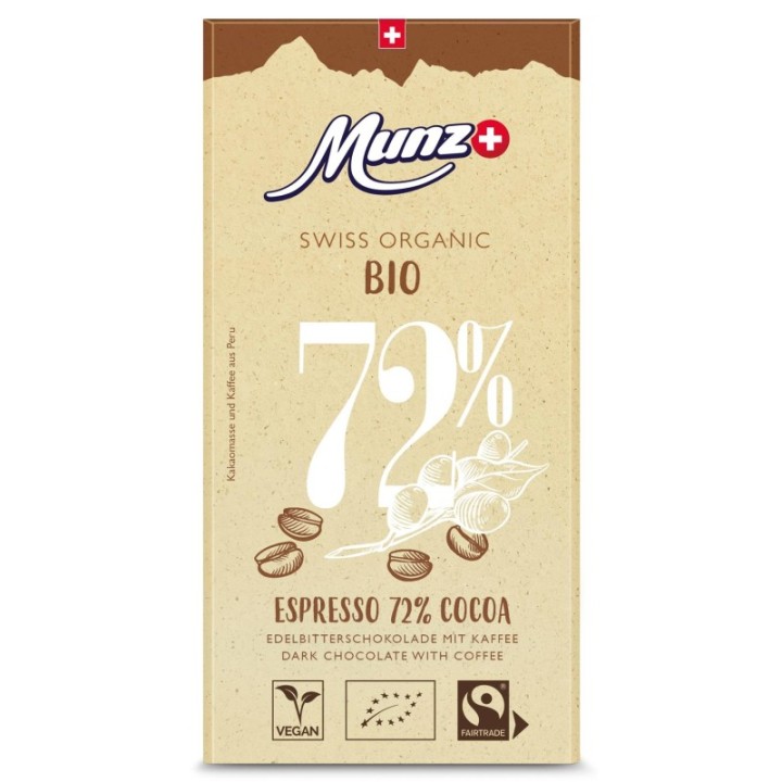 Dunkle Schweitzer Schokolade mit kaffee, 72% Cacao, Bio & Fair - 80gr - Maestrani