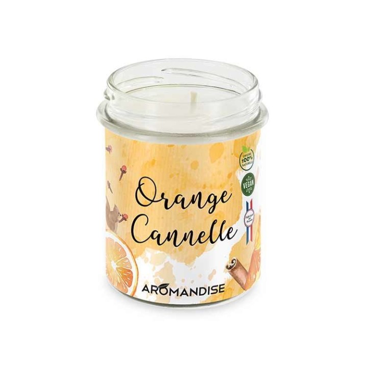 Candela Arancia-Cannella 100% naturale con cera di soia, 30h - 150g - Aromandise