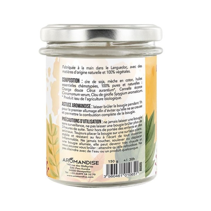 Candela Arancia-Cannella 100% naturale con cera di soia, 30h - 150g - Aromandise