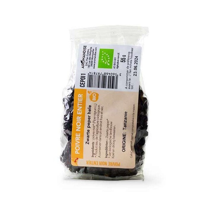 Poivre noir BIO entier, Cellocompost Zéro déchet - 55 gr  - Aromandise