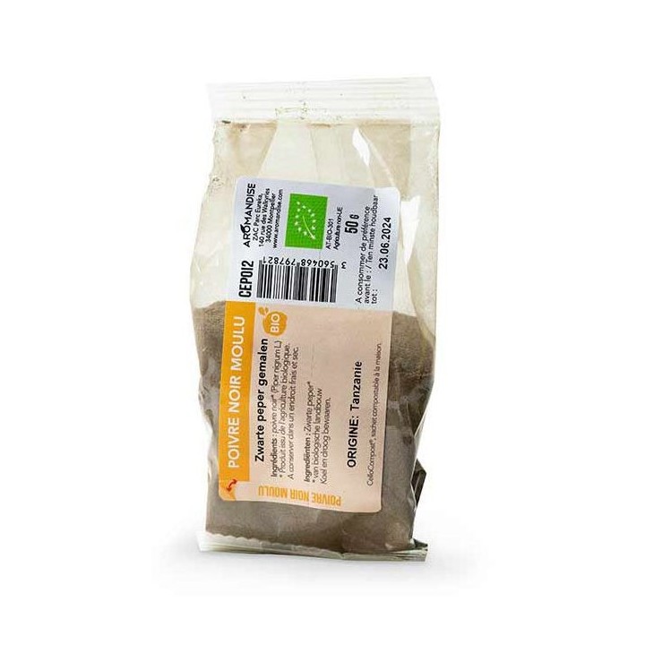 Poivre noir BIO moulu, Cellocompost Zéro déchet - 55 gr  - Aromandise