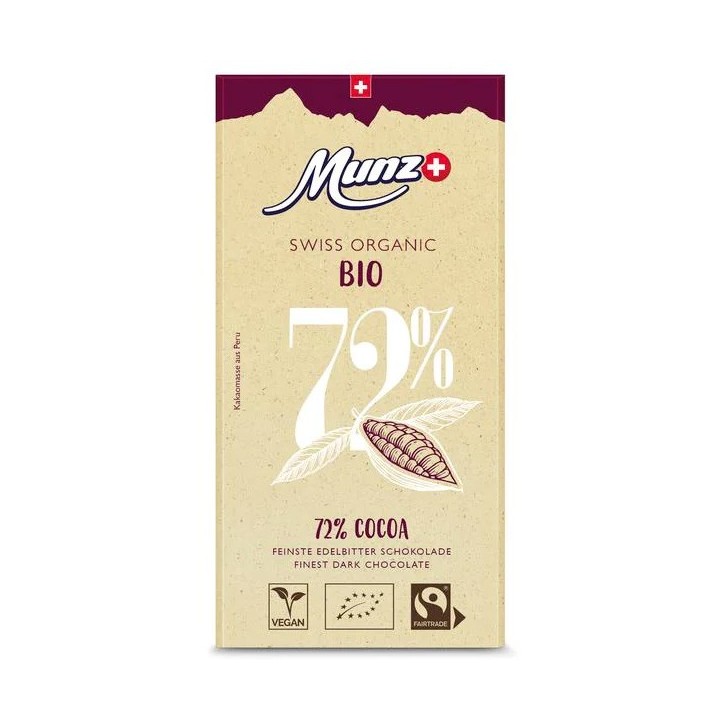 Chocolat Noir amer surfin - 72% Cacao, au lait Suisse, Bio & équitable - 100gr - Munz