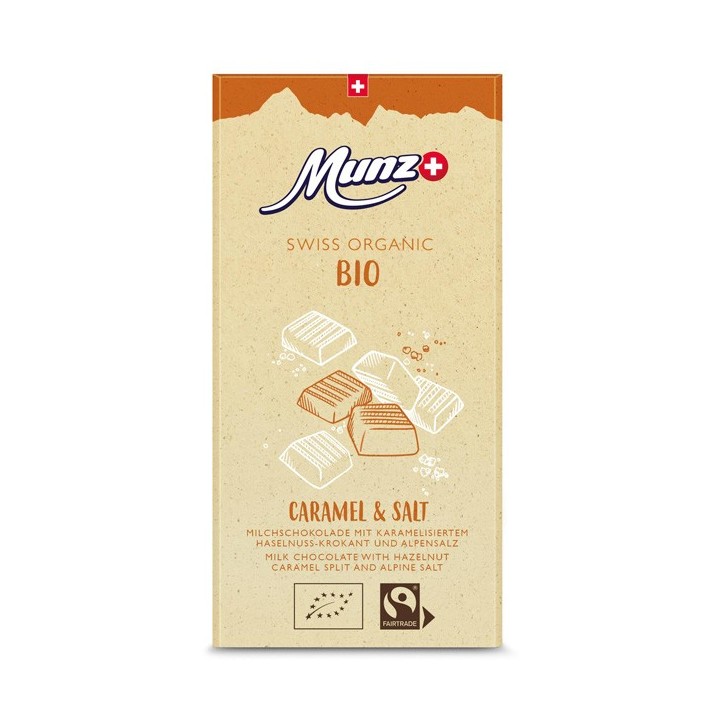 Zartbitterschokolade mit Kaffee - Gesalzenes Karamell, mit Schweizer Milch, Bio & Fairtrade - 100gr - Munz