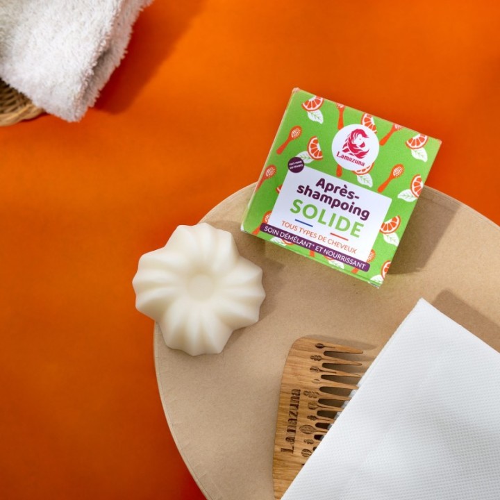 Après-shampoing solide, Soin démêlant & Brillance - Agrumes et basilic - 70g - Lamazuna