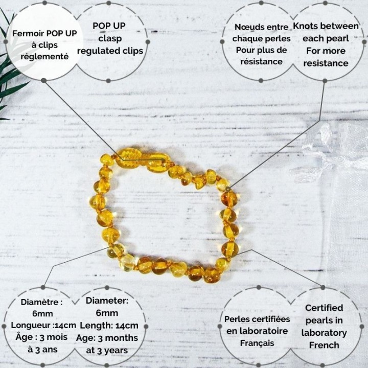  Bracelet bébé en Ambre, soulage les maux de dents et apaise - HONEY - 14cm - Irréversible Bijoux