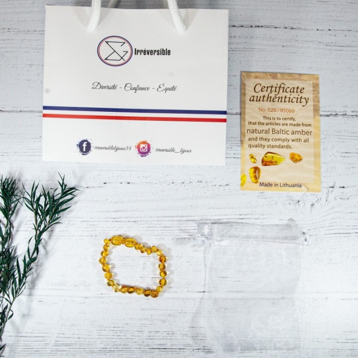 Babyarmband aus Bernstein, lindert Zahnschmerzen und beruhigt - HONEY - 14cm - Irréversible Bijoux