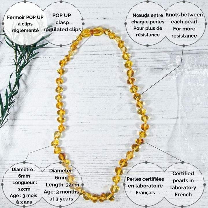 Collier bébé en Ambre, soulage les maux de dents et apaise - HONEY - 32cm - Irréversible Bijoux