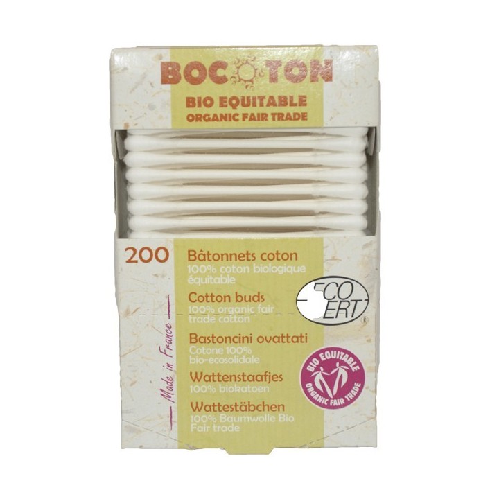 200 Bâtonnets en coton bio et équitable - boite carton (Q-Tips) - Bocoton