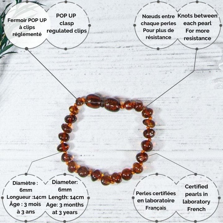 Babyarmband aus Bernstein, lindert Zahnschmerzen und beruhigt - COGNAC - 14cm - Irréversible Bijoux