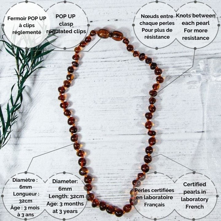 Collana in ambra per bambini, allevia il mal di denti e lenisce - COGNAC - 32cm - Irréversible Bijoux
