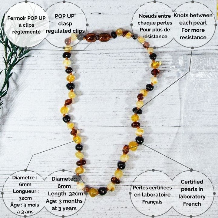 Collier bébé en Ambre, soulage les maux de dents et apaise - MULTI - 32cm - Irréversible Bijoux