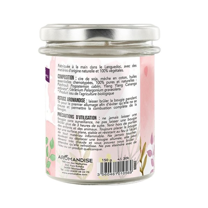 Bougie d'ambiance "Câline" 100% naturelle à la cire de soja, 30h - 150g - Aromandise