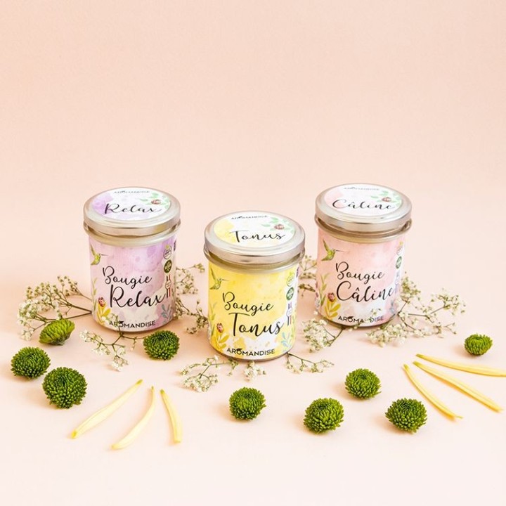 Bougie d'ambiance "Câline" 100% naturelle à la cire de soja, 30h - 150g - Aromandise