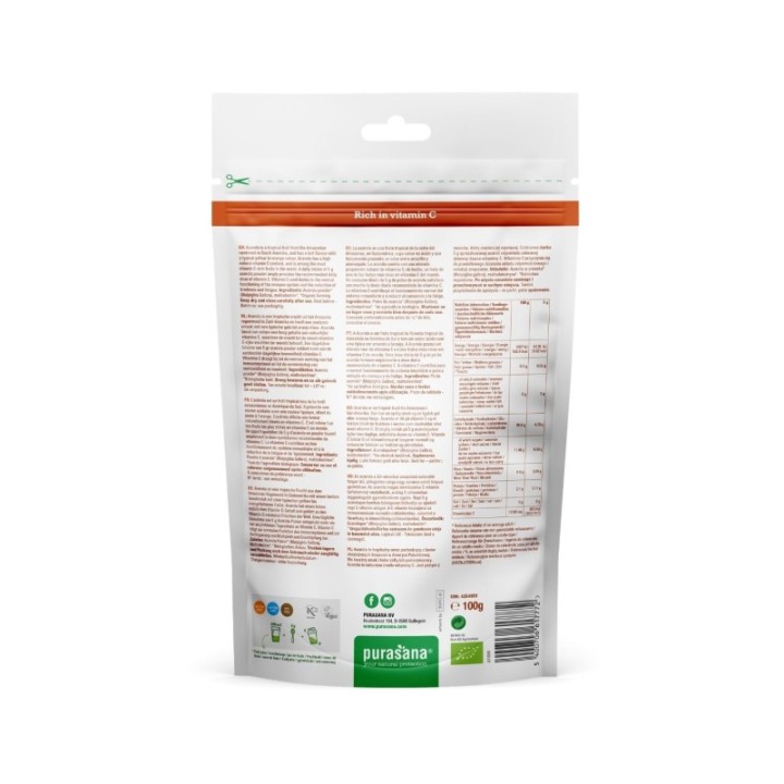 Acérola en poudre, BIO & 100% naturel - 100 gr - Purasana