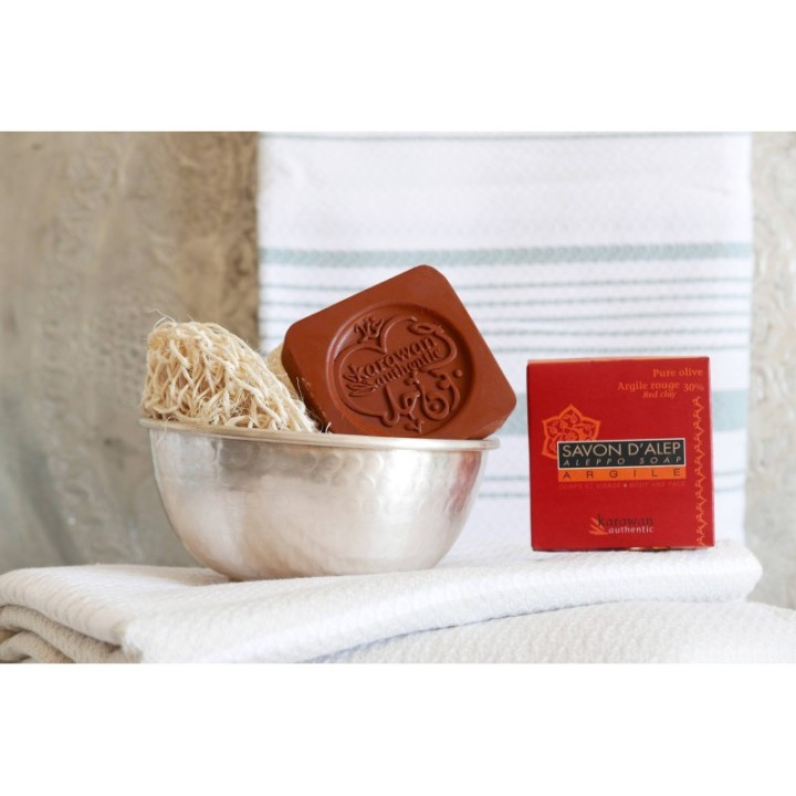Savon d'Alep "Argile Rouge" (30% argile / 70% olive)  - Boite en carton de 100g - Karawan