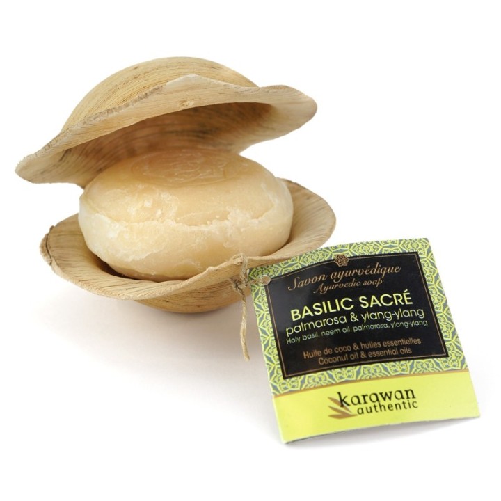 Sapone ayurvedico al Basilico sacro, ammorbidente nella sua foglia di palma - 100g - Karawan
