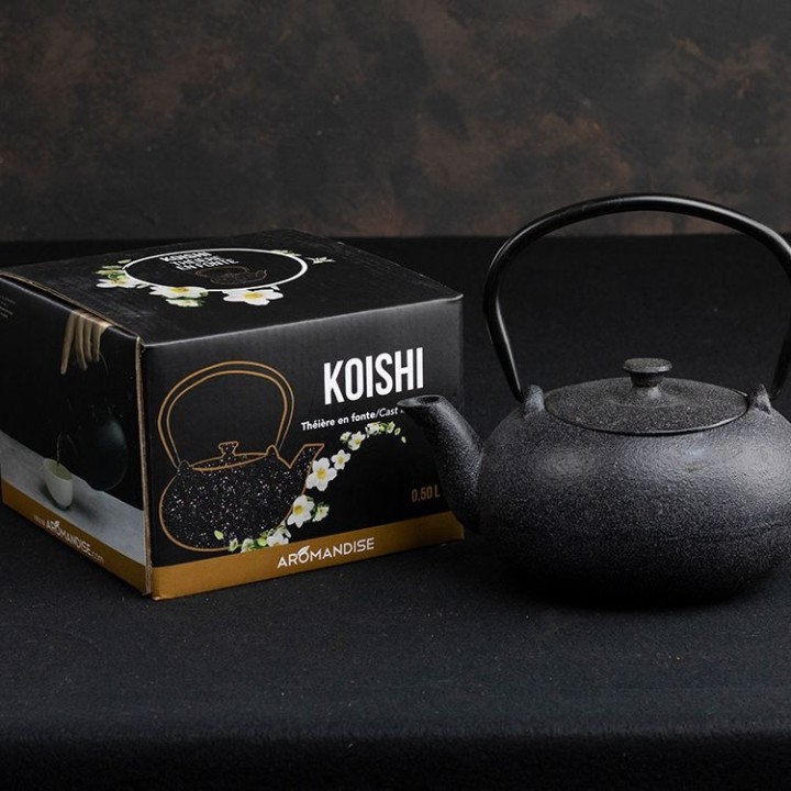Teekanne aus Gusseisen, KOISHI schwarz gesprenkelt, mit Edelstahlfilter - 0,5 Liter - Aromandise