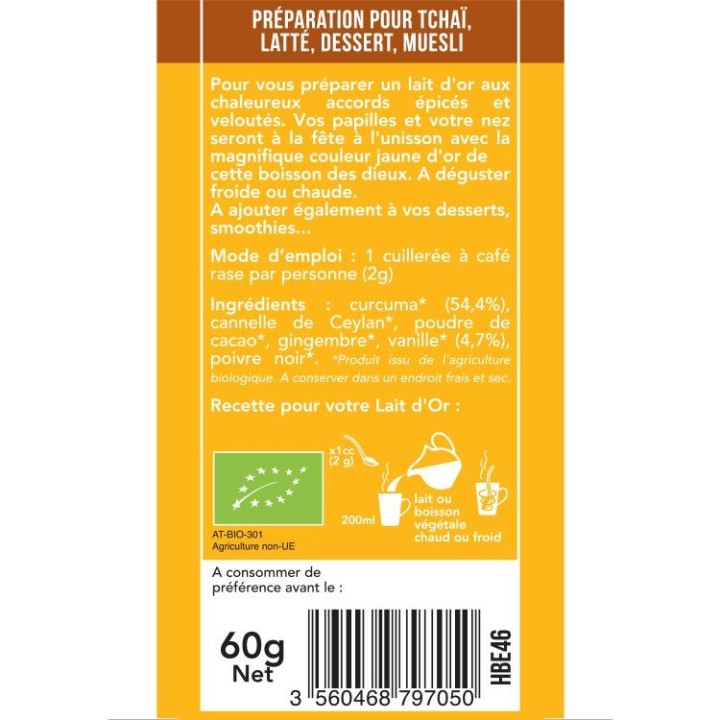 Golden Latté BIO (mélange d’épices), Curcuma-Vanille - 60g - Aromandise