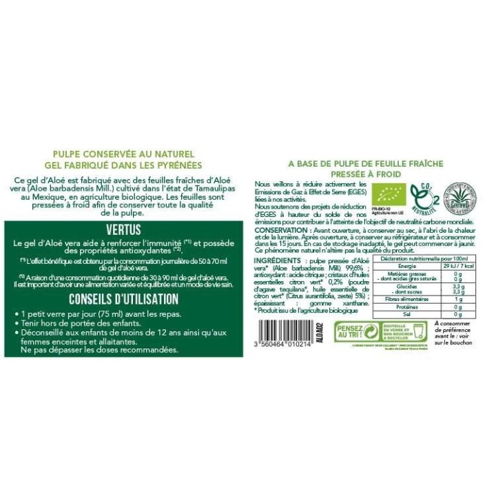Gel à boire d'Aloe vera et citron vert - 0,5 litre - Aromanidse