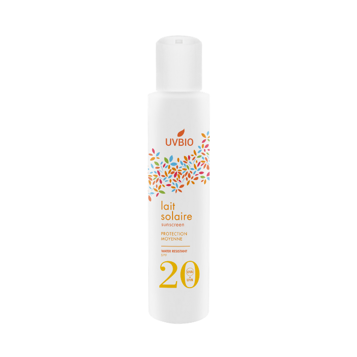 Lait solaire BIO, résitant à l'eau, Haute moyenne - Indice 20, 100ml - UVBIO