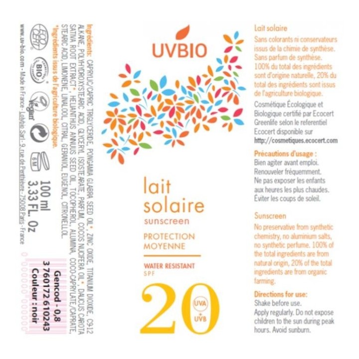 BIO Sonnenmilch, wasserfest, Hoher Durchschnitt - Lichtschutzfaktor 20, 100ml - UVBIO