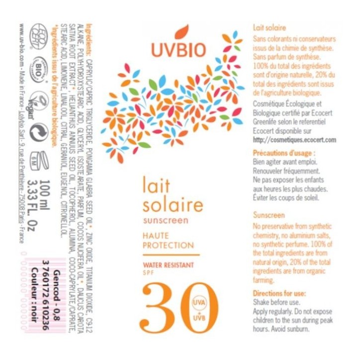 Latte solare biologico, impermeabile, alta protezione - Indice 30, 100ml - UVBIO