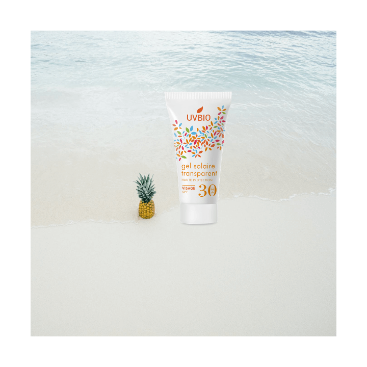 Gel solaire BIO transparent, Haute protection - Indice 30, 30ml - UVBIO