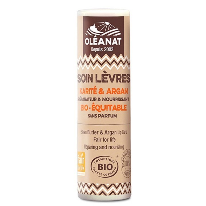Cura delle labbra con burro di karité e argan biologico, senza profumo - 4.5g - Oléanat