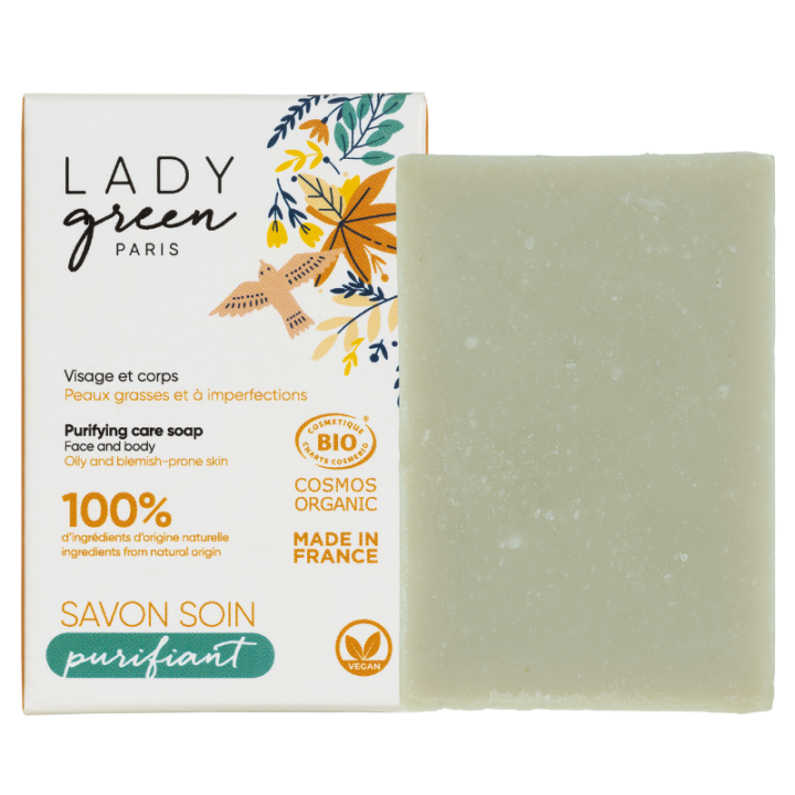 Savon Purifiant, corps & visage - Bio, végan et 100% naturel - Pour peaux MOD - 100g - Lady Green