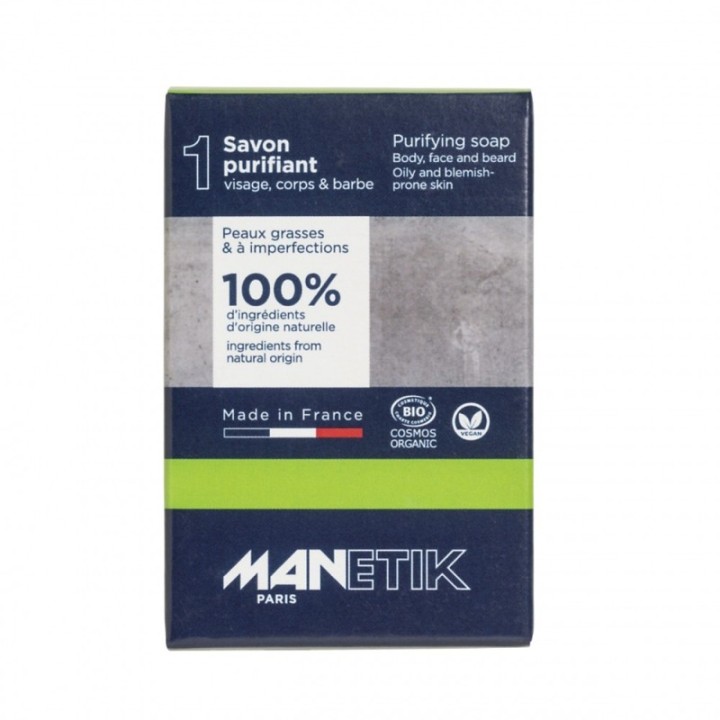Savon Purifiant, corps & visage - Bio, végan et 100% naturel - Pour peaux grasses et à imperfections - 100g - ManEtik