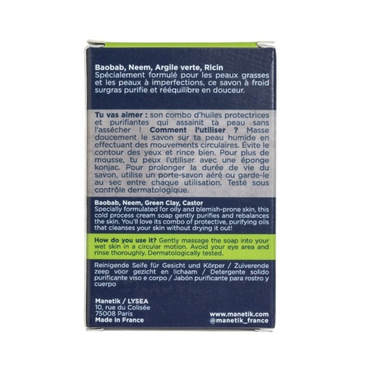 Savon Purifiant, corps & visage - Bio, végan et 100% naturel - Pour peaux grasses et à imperfections - 100g - ManEtik