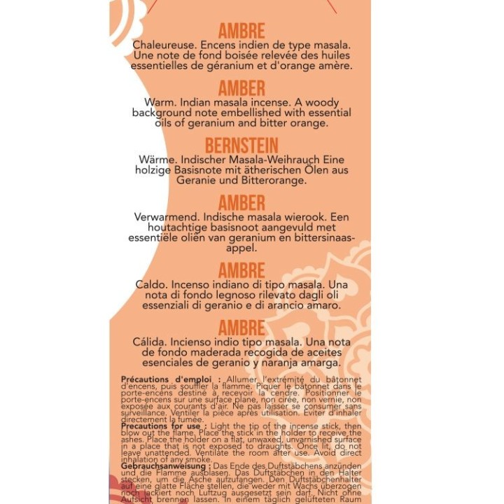 Encens Indiens, 100% naturels "Haute tradition" - Ambre précieuse - 20 pces - Les encens du monde