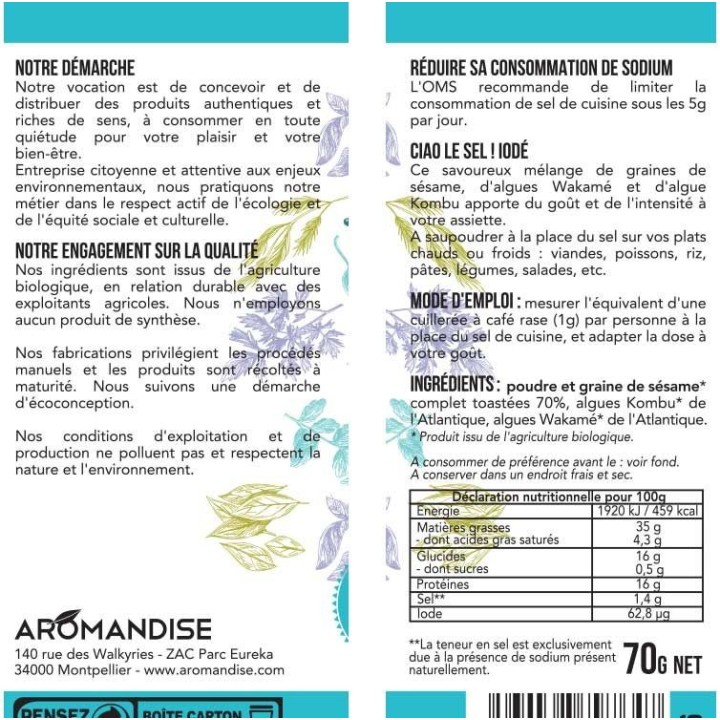 Substitut de sel "CIAO LE SEL!", Iodé - 70g - Aromandise