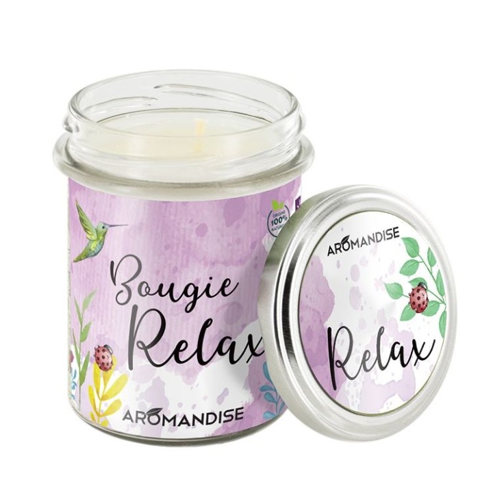 Bougie d'ambiance "Relax" 100% naturelle à la cire de soja, 30h - 150g - Aromandise