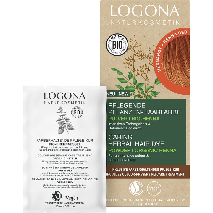Poudre de coloration végétale BIO (Reflets, brillance et volume)  - Henna Rouge - 2x50g - Logona