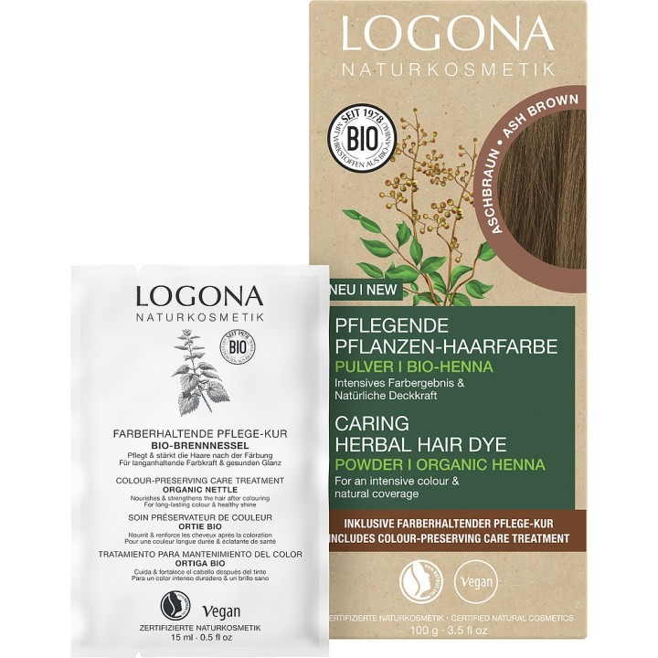 Poudre de coloration végétale BIO + Soin préparateur - Brun cendré - 2x50g + 1x 15ml - Logona