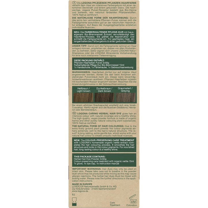Poudre de coloration végétale BIO + Soin préparateur - Brun cendré - 2x50g + 1x 15ml - Logona