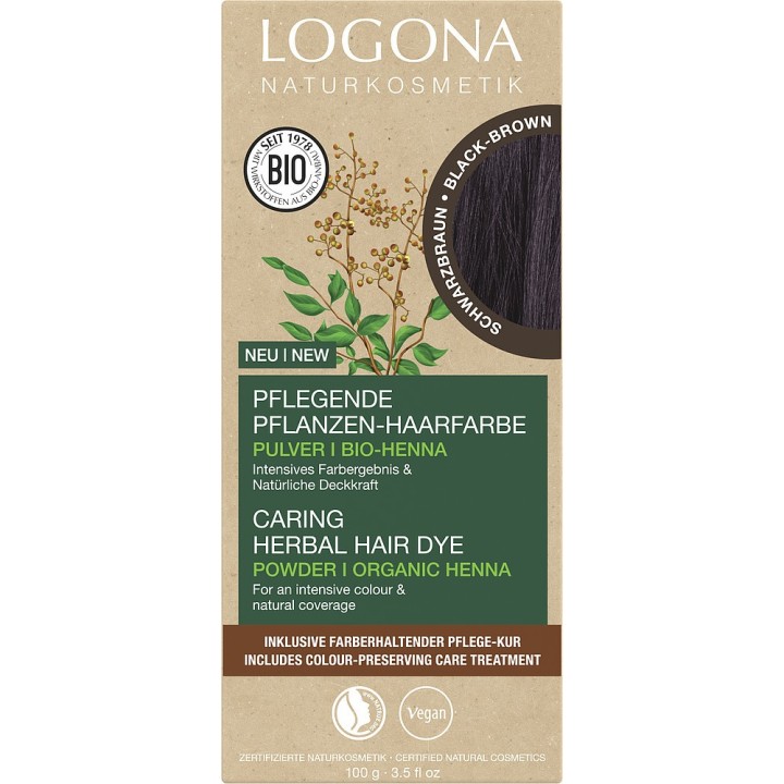 Poudre de coloration végétale BIO + Soin préparateur - Brun noir - 2x50g + 1x15ml - Logona