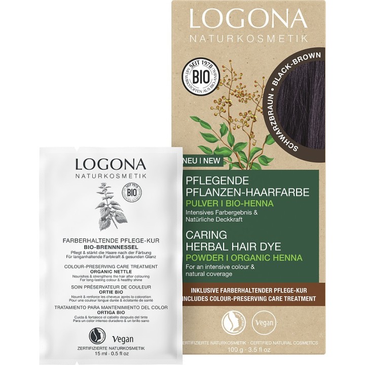 Poudre de coloration végétale BIO + Soin préparateur - Brun noir - 2x50g + 1x15ml - Logona