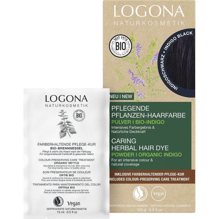 Poudre de coloration végétale BIO + Soin préparateur - Noir indigo  - 2x50g + 1x15ml - Logona