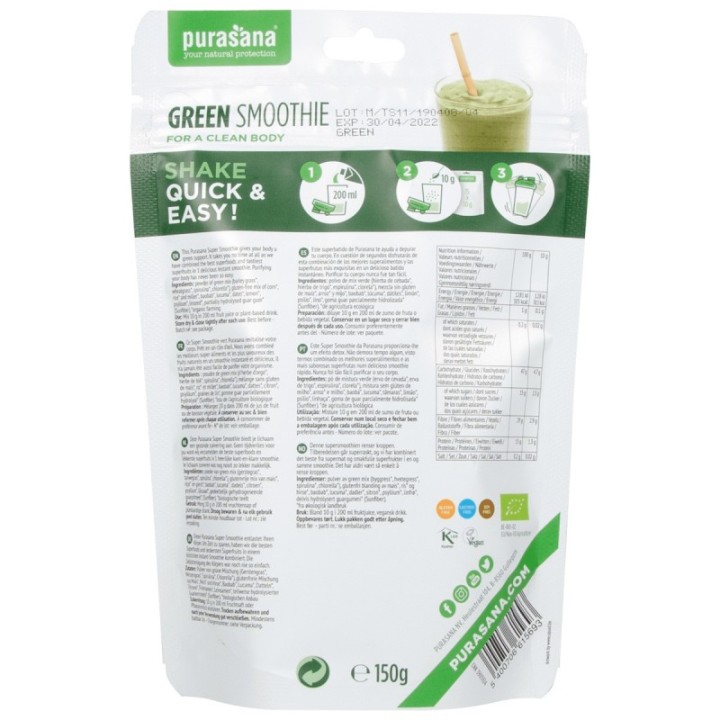 Smoothie Green, mit BIO Superfoods in Pulverform - 150gr - Purasana