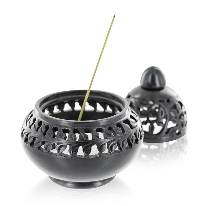 Räucherstäbchenhalter aus ziseliertem Stein, "Venedig", Schwarz - Les encens du monde
